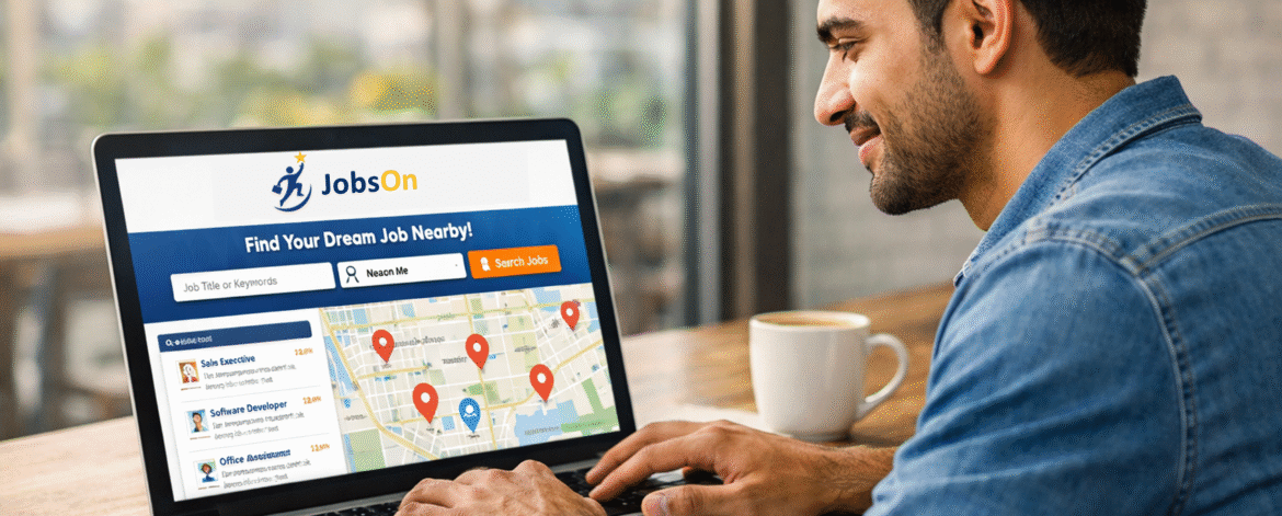 Job seeker using JobsOn to search for nearby jobs on a laptop