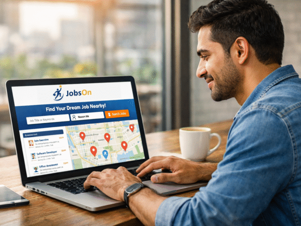 Job seeker using JobsOn to search for nearby jobs on a laptop
