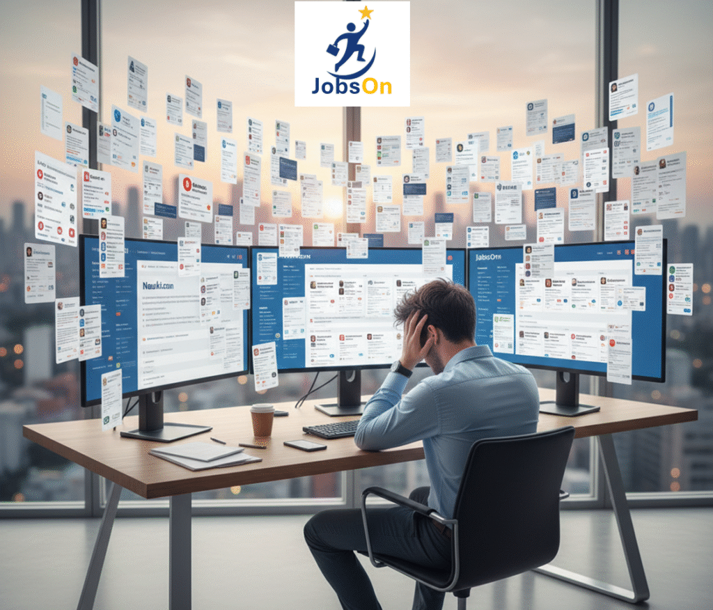 Overwhelmed job seeker looking at multiple job portals in India