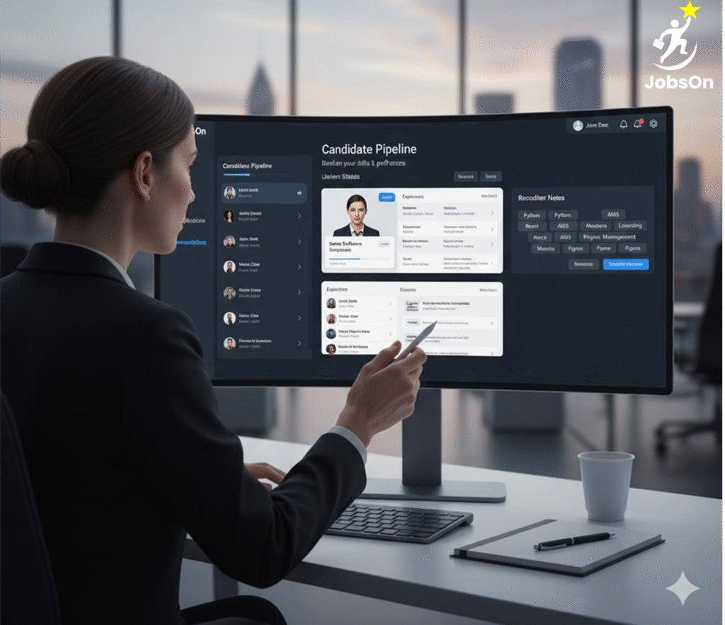 Recruiter reviewing resumes on online job portals like JobsOn and Naukri.com